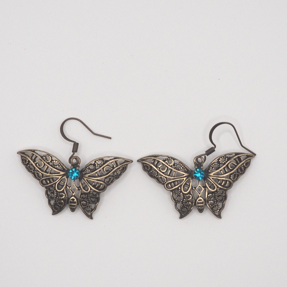 Vintage Butterfly Dangle Earrings Bronze Tone Bug Filigree Blue Rhinestone Boho